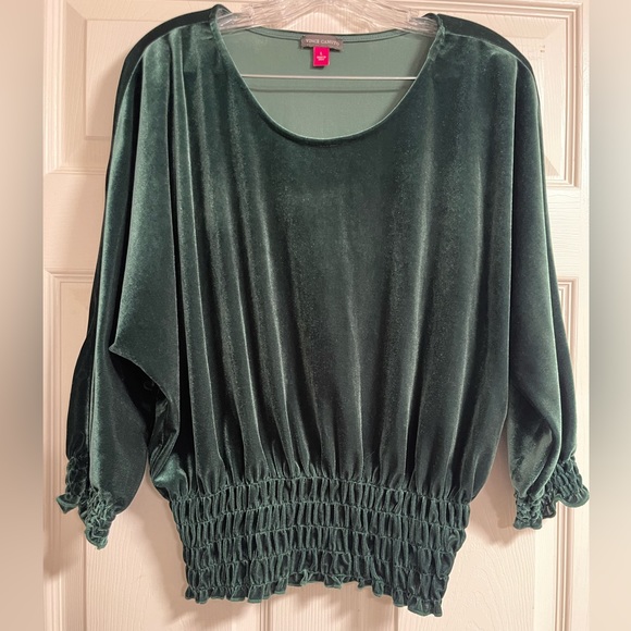 NWOT: Vince Canuto Green Round Neck 3/4 Sleeves Smocked-Hem Velour Blouse Size L - Picture 3 of 8